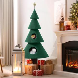 DWVO Christmas Cat Houses for Indoor Cats, Christmas Cat Tree Tower with 2 Cozy Houses, Kitty Furniture with Teaser Plaything for Christmas Decoration