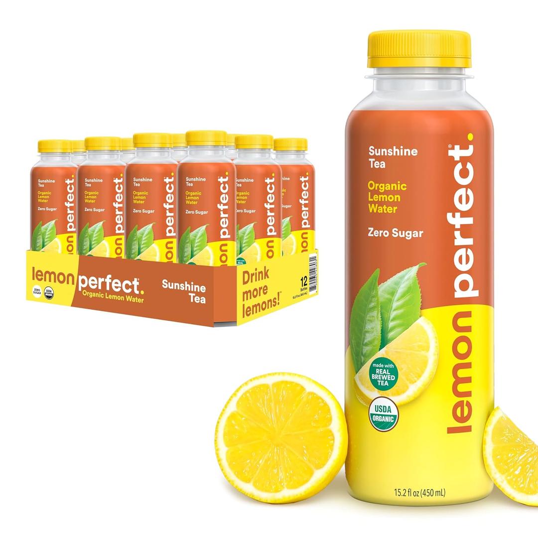 Lemon Perfect Sunshine Tea, Half Flavored Lemon Water (Original Lemon) & Half Iced Tea, Organic, Zero Sugar, Healthy Hydration Drinks, 15.2 fl oz Bottles (12-Pack) (BB: 03/03/2026)