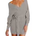 ZESICA Women's Fall Long Batwing Sleeve Wrap V Neck Knitted Backless Bodycon Pullover Sweater Dress with Belt,Grey,Large