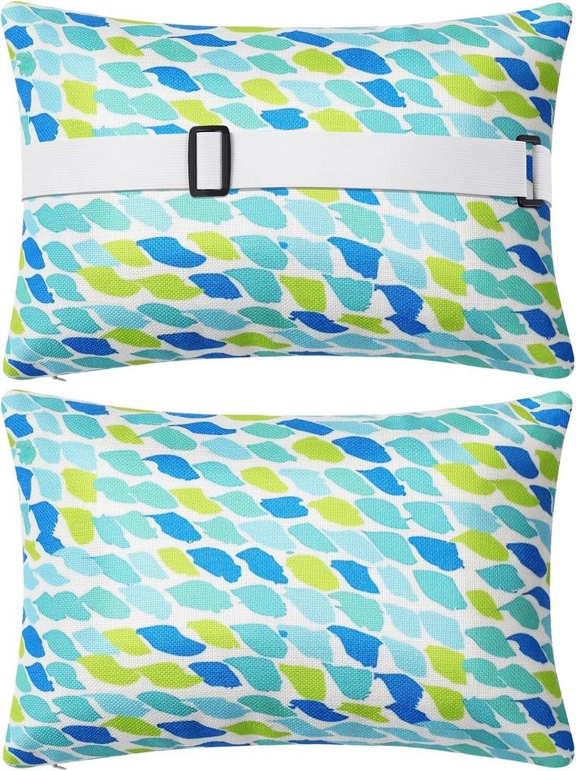 2 Pack Lounge Chaise Pillow with Strap 16 x 11 Inches Waterproof Outdoor Beach Chair Pillow Adjustable Elastic Band for Hammock Lumbar Recliner Pillows for Beach Office Chair(Blue Green Pattern)