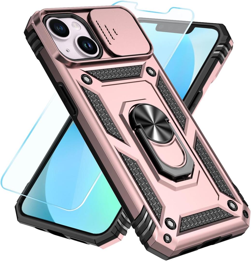 SunStory Compatible with iPhone 12/13 Mini Case with HD Screen Protector & Slide Camera Cover & Rotated Ring Kickstand, [Military-Grade] Phone Case for iPhone 12/13 Mini (Rose Gold)