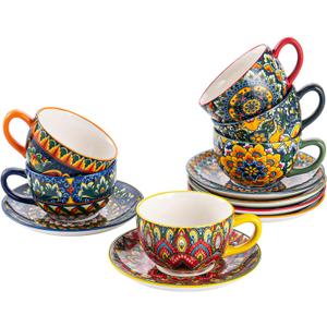 Henten Home 8.5 oz Cup with Saucers Set, Ceramic Coffee Mug Set of 6, Colorful Porcelain Cup for Latte, Tea, Cappuccino, Hot Cocoa, Espresso, Microwave & Dishwasher Safe