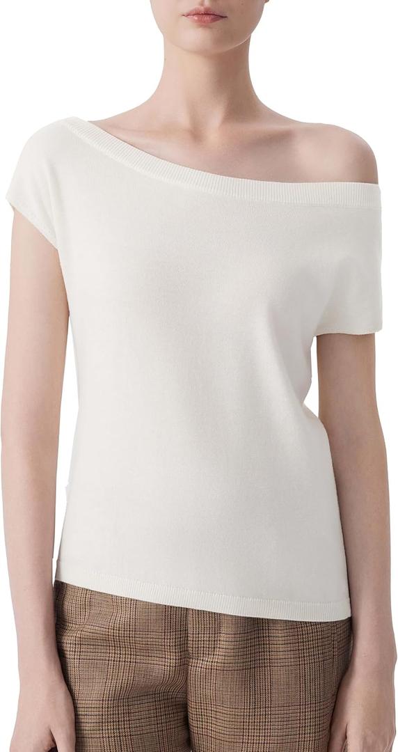SUUKSESS Women Silk Cashmere Blend Off The Shoulder Tops Summer Lightweight Knit Trendy Sweaters Loose Fit Shirts (Small, 02 Snow White)