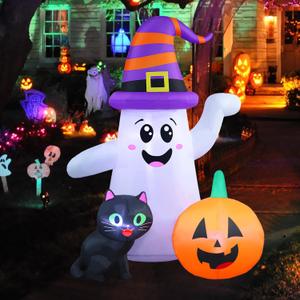 5 FT Halloween Inflatables, Cute Halloween Decorations Outdoor Ghost Inflatables, Blow Up Wizard Ghost with Pumpkin Black Cat for Garden Lawn Indoor Party Decor