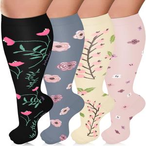 Diu Life Plus Size Compression Socks for Women & Men 15-20 mmhg Extra Wide Calf Knee High Support Socks for Circulation (3X-Large, 00-4 Pack Black/Blue/Pink/Yellow)