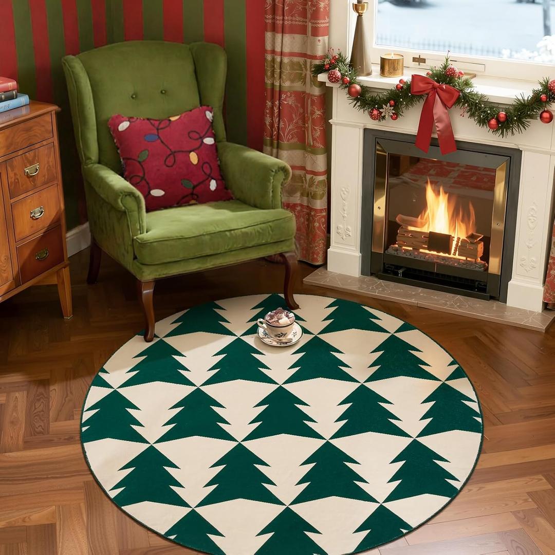 jinchan Round Christmas Rug for Entryway Bedroom 4ft Circle Holiday Rug for Living Room Printed Green Christmas Tree 4' Xmas Decor Washable Indoor Carpet for Foyer Non-Slip