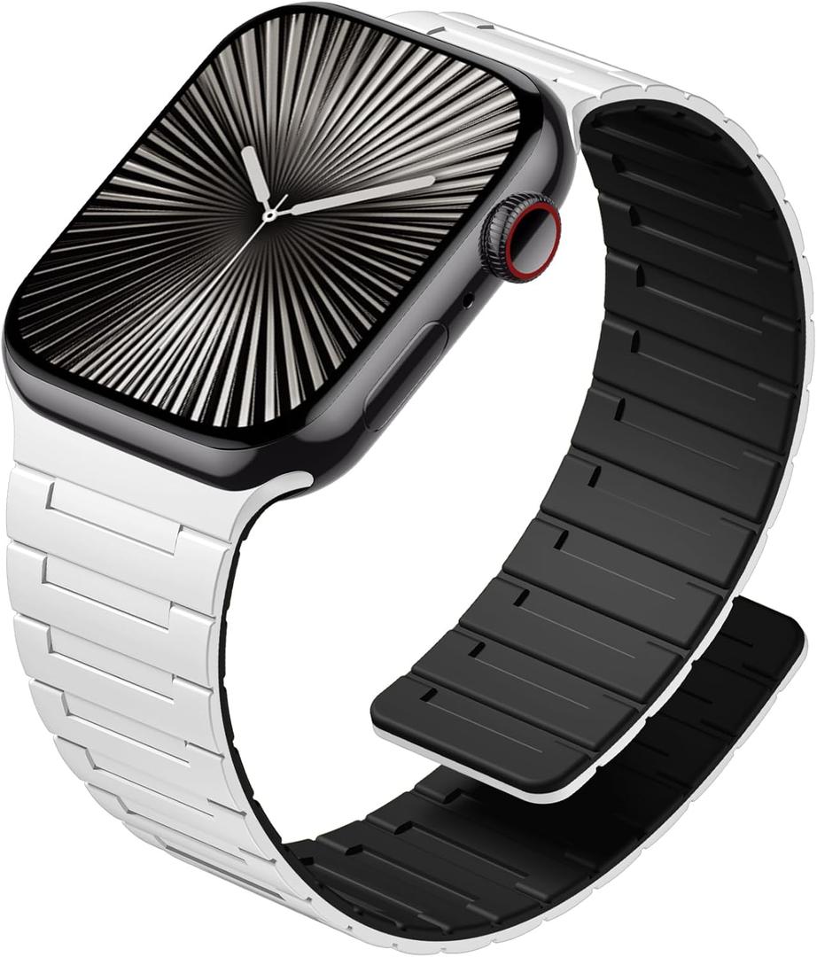 SNBLK Magnetic Watchband Compatible with Apple Watch for Men, Women, Silicone Sport Strong Magnet Strap for iWatch, Size: 44mm/45mm/46mm/49mm/(42mm-Series 3 2 1) (White/Black)