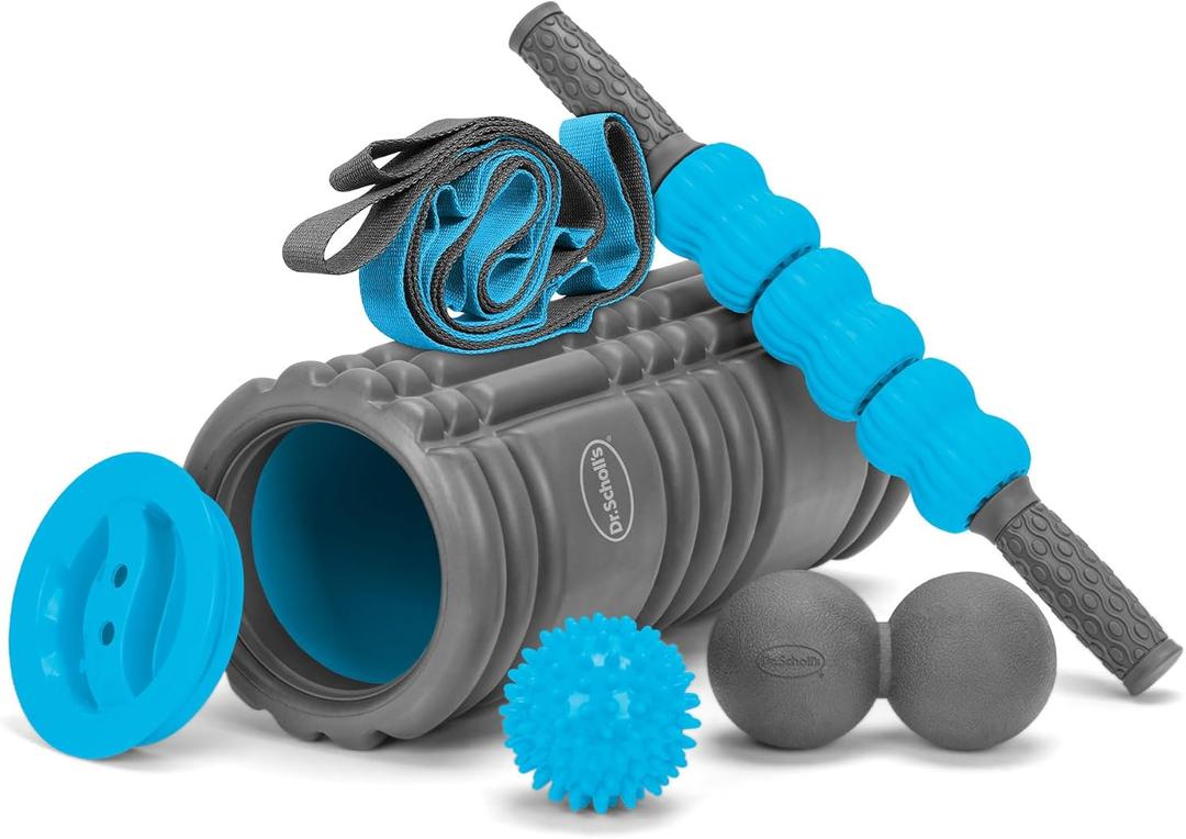Dr. Scholl's 5-in-1 Stretch and Recovery Massager Set, Includes Hollow Core Massage Roller with End Caps, Muscle Roller Stick, Stretching Strap, Double Lacrosse Peanut, and Plantar Fascia Relief Ball
