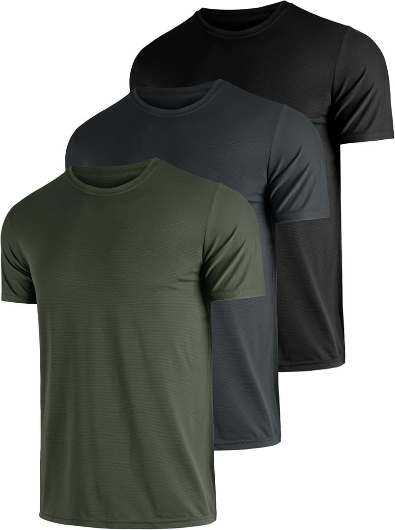 Mens Shirts 3 Pack Dry Fit Tech Moisture Wicking Performance Quick Dry Elastic Athletic Crew Short Sleeve T Shirts (M)