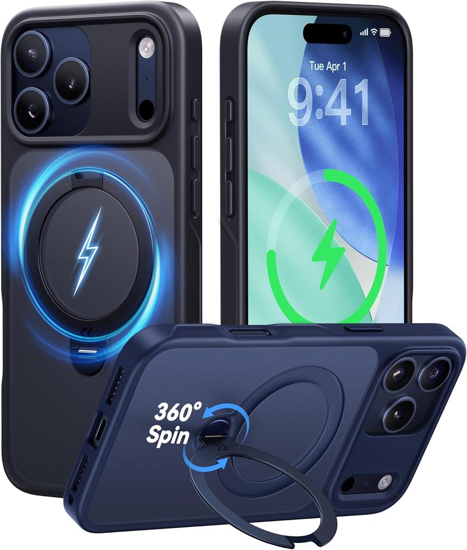 CASEKOO Black for 17 Pro Case with 360 Spin Magnetic Stand [Camera Protection] [18FT Military Grade Protection] [Fit for MagSafe] Ring Grip Slim Matte 17 Pro Case 6.3 Inch