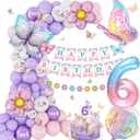 6th Birthday Decorations for Girls, 6 Year Old Girl Birthday Decorations Butterfly Bday Party Decoration with Number 6 Balloon Happy Bday Banner Pink and Purple Balloons