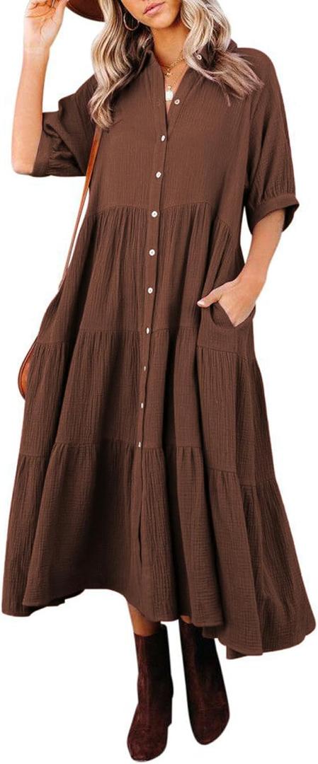 R.Vivimos Women's Summer Cotton Half Sleeves Button Down Casual Loose Slit Midi Dress with Pockets (Medium)