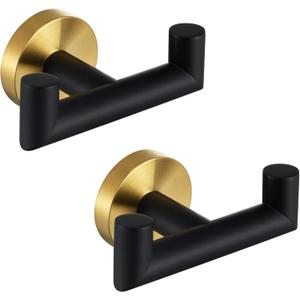 Angle Simple Towel Double Hook Black & Gold, 2 PCS Stainless Steel Bathroom Towel Holder, Dual Robe Coat Hook for Wall