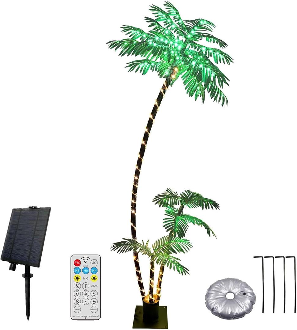7ft Solar Lighted Palm Tree, Home Room Decor 260LED Christmas Tree, 3 Trunks Artificial Palm Trees for Outside Patio, Indoor Decorations, Outdoor Garden, Pool (Green)