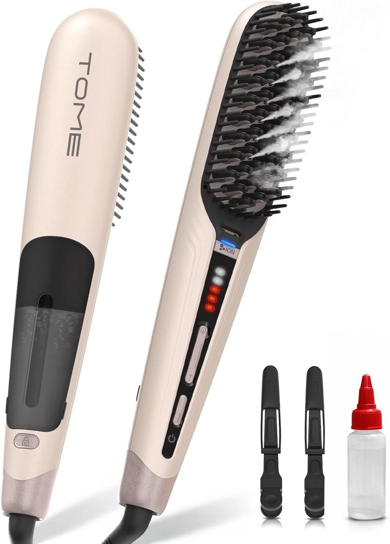 Tome Steam Straighteners for Hair, Negative Ion Hair Straightener Brush to Manage & Shape, Wide Hot Comb for Medium to Thick Hair, Steam Brush for Women, Pink