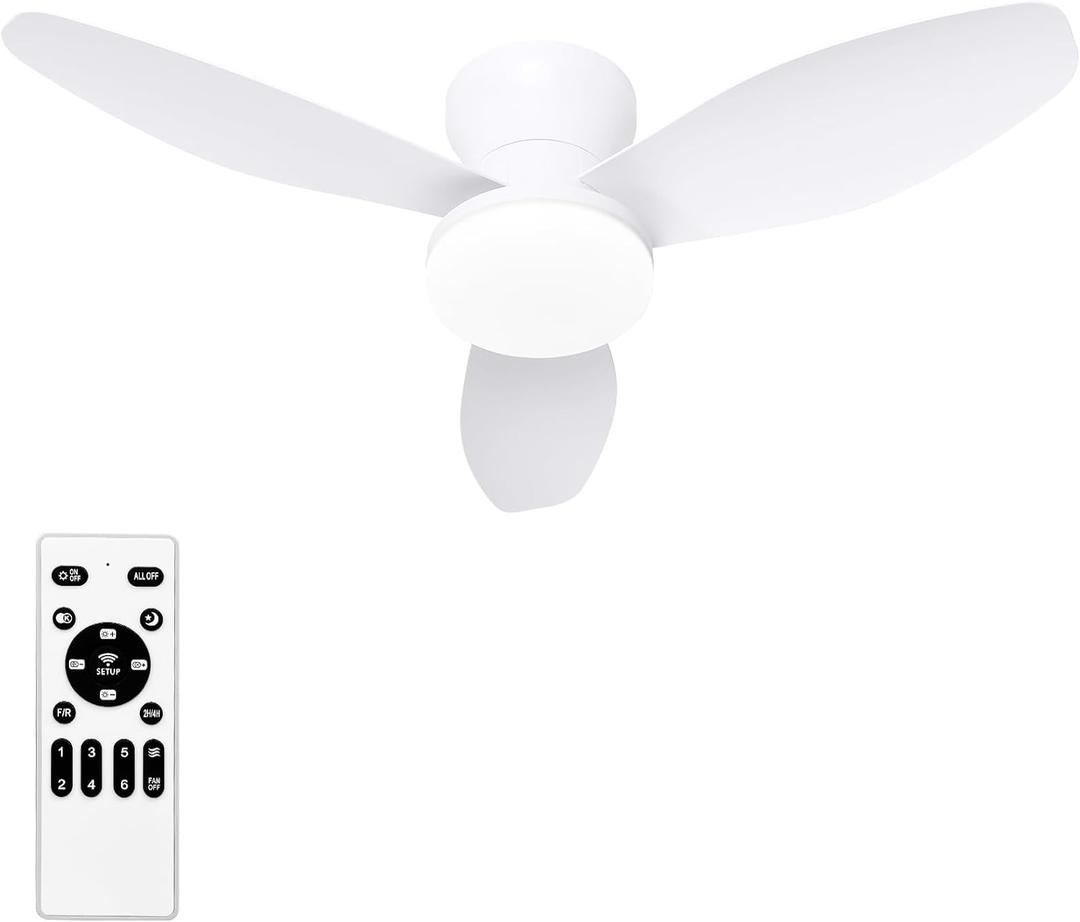 Glowall Small Ceiling Fan with Lights, 25 Inch Flush Mount with Remote Control, Reversible Quiet DC Motor, White, 3 Blades, 6 Speeds, Dimmable LED, Adjustable Color Temperature, Timer