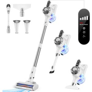 Cordless Vacuum Cleaner, 8-in-1 Lightweight Stick Vacuum with 45mins Runtime, Powerful Suction, Rechargeable Cordless Vacuum for Carpet, Tile, Pet Hair, Hardwood Floors, White
