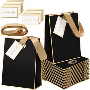 Kolldenn 24 Pcs Black Gold Paper Gift Bags with Ribbon Handles and Cards 8.27''x6.30"x3.15" Reusable Wedding Bridal Bags for Birthday Baby Shower Graduation Thank You Gift Party Favors