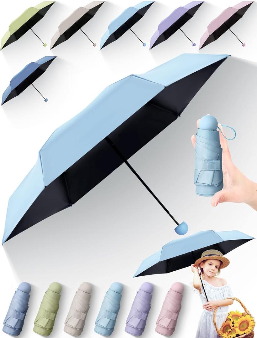 Pinkunn 6 Pieces Travel Mini Umbrella for Purse, Colored Compact Umbrellas, Bulk Small Folding UV Lightweight Portable Windproof Pocket for Sun Rain Protection, Girls Women