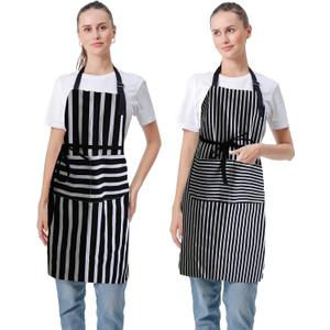 2 Pcs Kitchen Aprons for Men Women, 100% Cotton Adjustable Bib Grill Aprons with 2 Pockets for Kitchen Cooking Garden Apron with pockets (60 * 80cm, Black Stripes)