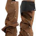 pinokino Wedge Heel Shark Boots for Women Knee High Foldover Ruched Scrunch Stiletto Heel Snap Buttons Pull on Slouchy Boots Denim Brown, Size 11
