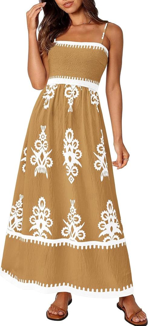 PRETTYGARDEN Summer Dress for Women 2026 Floral Sundress Spaghetti Strap Flowy Beach Vacation Boho Maxi Dresses (Beige, M)