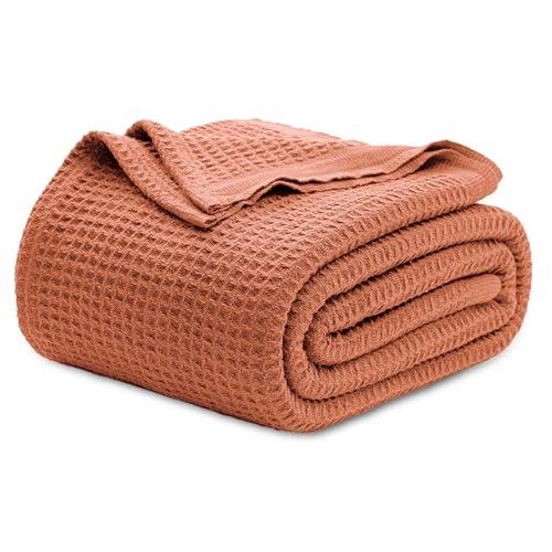 Bedsure 100% Cotton Blanket King Size for Bed - Breathable and Soft, Waffle Weave Blanket for Summer Spring, Red Orange, 104x90 inches