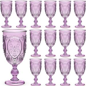 24 Pcs Plastic Goblets 7.5oz Vintage Goblet Plastic Wine Glasses Colored Retro Embossed Water Goblets for Wine Bar Juice Baby Shower Wedding Reception Grand Event Party (Purple)