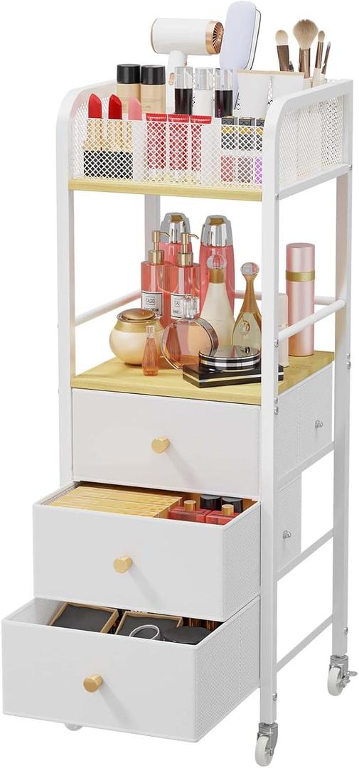 HapiRm Rolling Makeup Cart Organizer - Floor Skincare Make Up Storage with 3 Drawers, Vanity Organizer Cosmetic Display Cases Holder for Skin Care Perfume Nail Polish Brush Hair Tool (Natural)