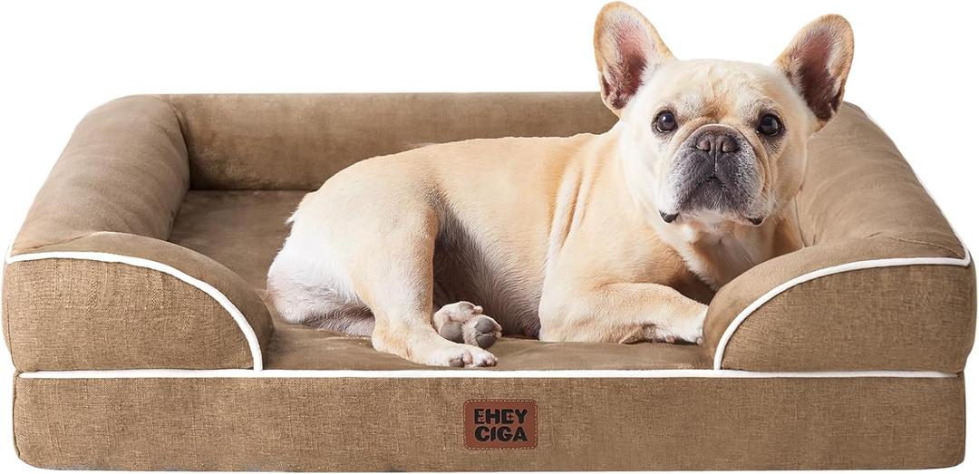 EHEYCIGA Orthopedic Dog Bed for Medium Dogs, Waterproof Memory Foam Medium Dog Beds with Sides, Non-Slip Bottom and Egg-Crate Foam Pet Couch Bed with Washable Removable Cover, Camel (30.0"l X 20.0"w X 6.5"th)