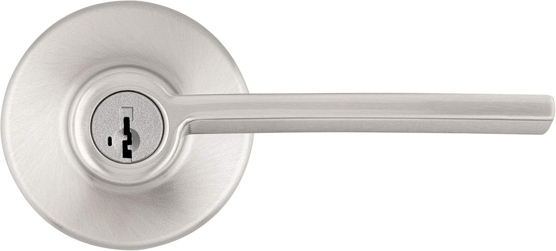 Kwikset Ladera Entry Door Handle with Lock and Key, Secure Keyed Reversible Lever Exterior, For Front Entrance and Bedrooms, Satin Nickel, Pick Resistant Smartkey Rekey Security and Microban