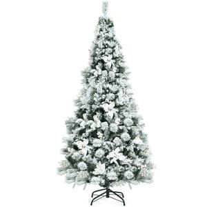 6ft Snow Flocked Hinged Christmas Tree w/Berries & Poinsettia Flowers