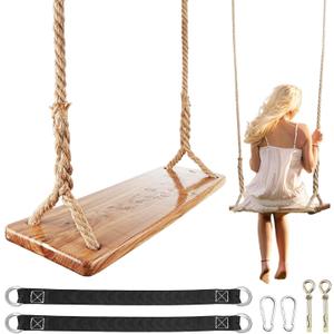 Wooden Tree Swing, 500lbs Load Capacity Heavy-Duty Wooden Swing Seat for Adults & Kids, Adjustable Hemp Rope Tree Straps 118 inch for Backyards Gardens Outdoor