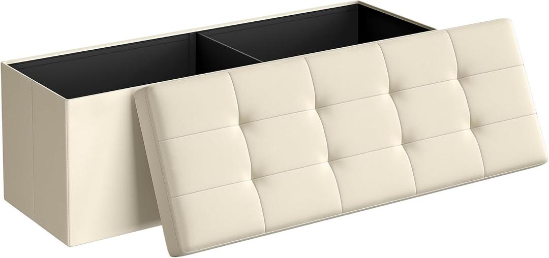 SONGMICS MAZIE Collection - 43 Inches Folding Storage Ottoman Bench, Ottoman Foot Rest, End of Bed Bench, Storage Chest, Load 660 lb, for Living Room, Bedroom, Entryway, Cream White ULSF77BE, 15"D x 43"W x 15"H