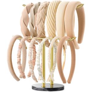 Headband Holder Organizer Two-Tier with Marble Base: Jewelry Display for Women, Hair Accessories Storage Stand Scrunchie Necklace Кack for Girls, for Bathroom, Vanity, Dresser, White