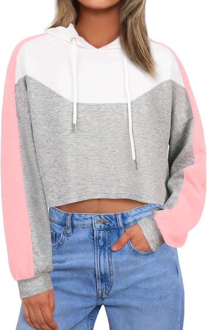 FAIRY SEASON Women Cropped Hoodies Long Sleeve Oversized Hooded Sweatshirt Color Block Crop Top Shirt Y2K Workout Pullover (Small, Pink)