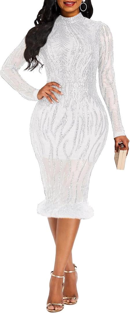 VERWIN Sequins Patchwork Bodycon Dress Women's Long Sleeve Dress Elegant Dress Plume Maxi Dress Party Dress (Medium, White)