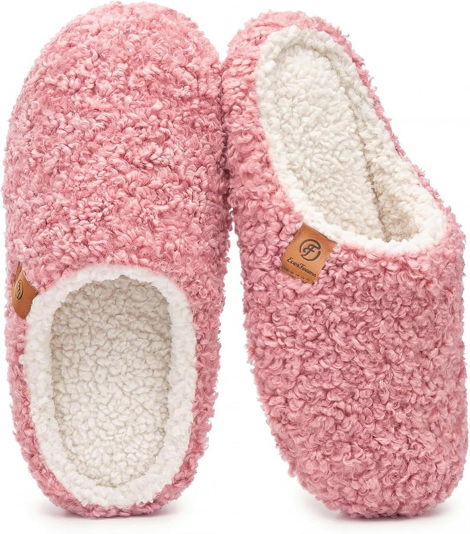 EverFoams Women's Fuzzy Slip-on Slippers Soft Comfy Memory Foam Indoor House Shoes Pink, 5-6 US