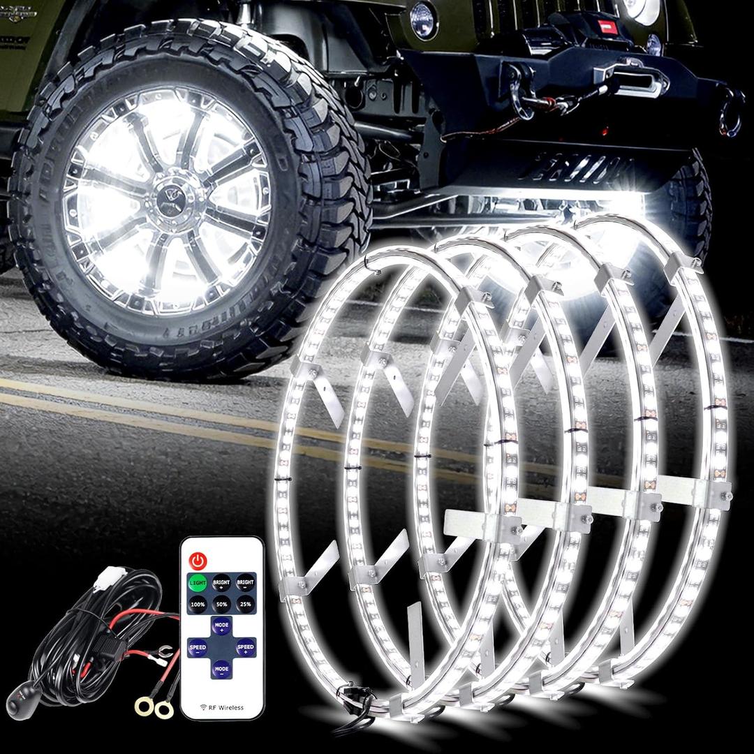 4PCS 17" Super Bright Double Row White Wheel Lights Rim Lights with Remote Control for Truck SUV Car Easy Install Unique Style