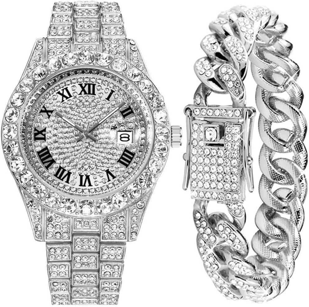 Hip Hop Watches for Men Iced-Out Bling Diamond Luxury Quartz Watches with Date