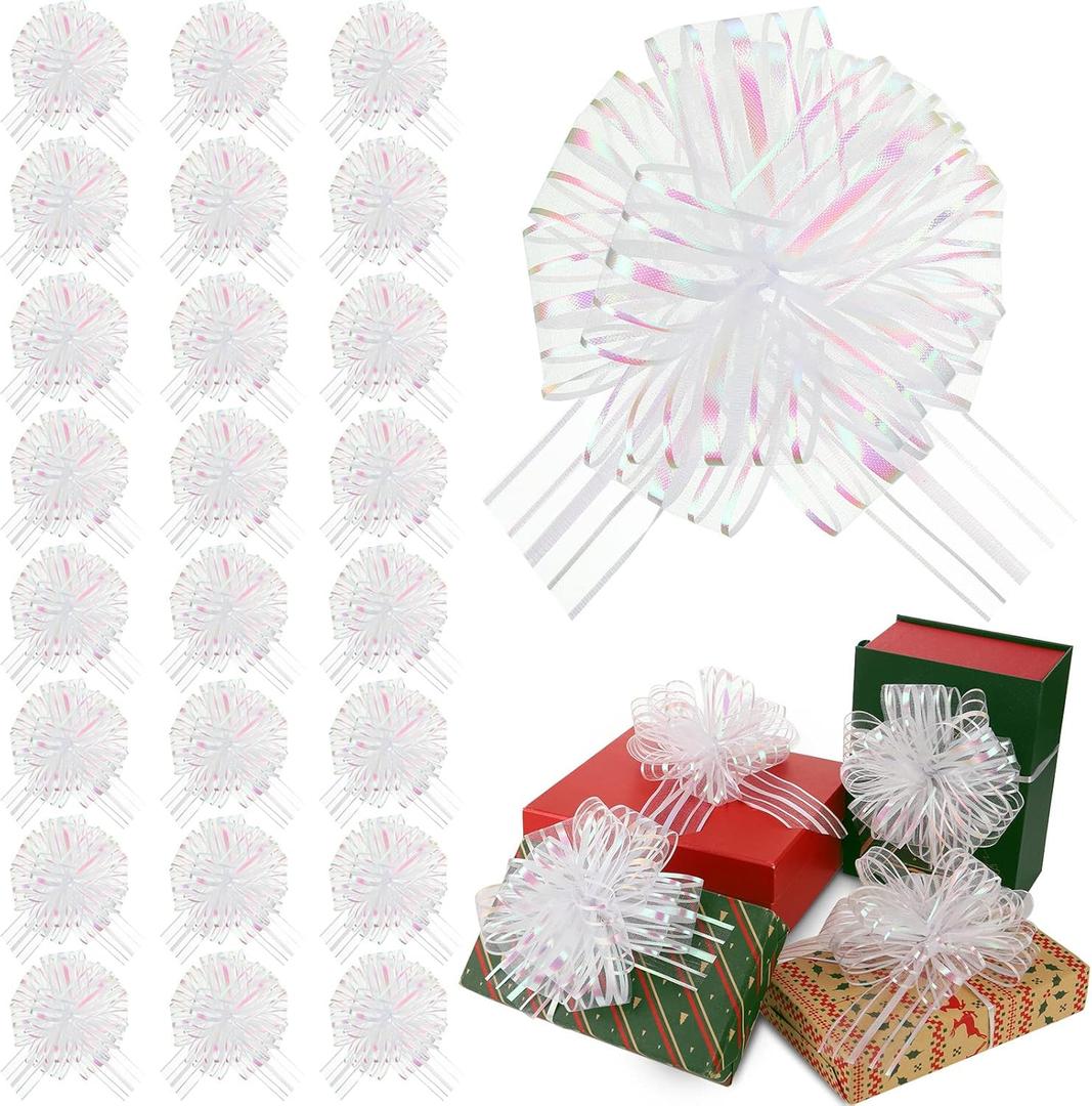 Poen 24 Pcs Christmas Pull Bows for Gift Wrapping Large 6 Inch Organza Crafts Bows for Present Wrapping with Ribbon for Gift Baskets, Wedding, Valentine(White)