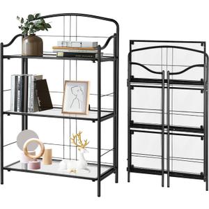 No Assembly Bookshelves, 3 Tier Classic Black Folding Book Shelf, Foldable Bookcase with Glass Shelf, Small Collapsible Display Case Storage Organizer for Bedroom, Living Room