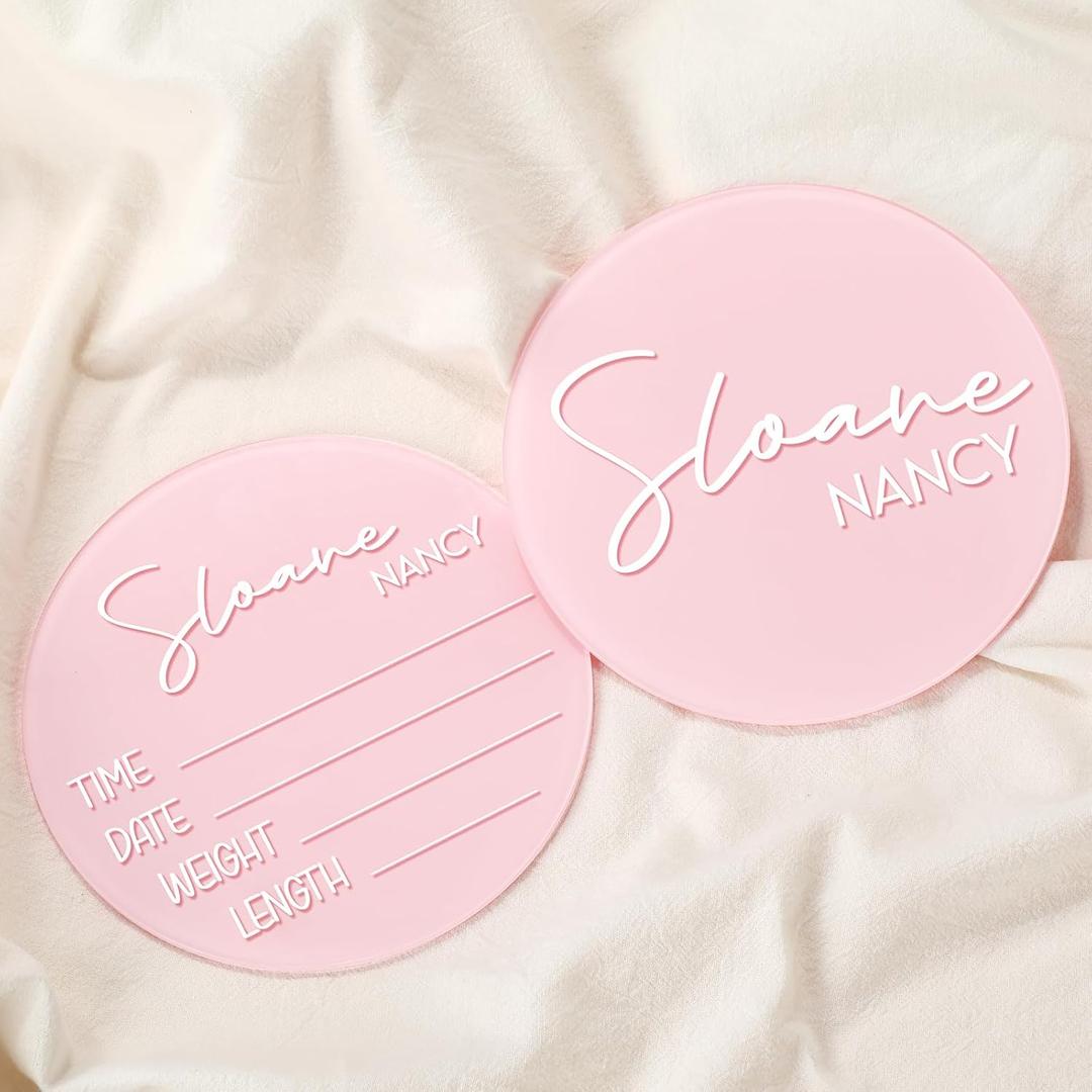 Geelin 2 Pcs 6 Inch Newborn Announcement Sign for Hospital Acrylic Birth Announcement Sign Baby Name Milestone Plaques DIY with 14 Sheets Alphabet Stickers for Photo Props Baby Shower(Pink)