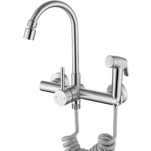 Wall Mount Kitchen Faucet with Side Sprayer, Commercial Sink Faucet 8 Inch Center, 360 Swivel Spout, Dual Functional Sprayer, Utility Sink Mixing, 304 Stainless Steel, Brushed Nickel Finish