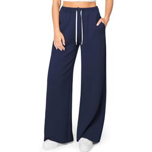 HeSaYep Women's Wide Leg Sweatpants Elastic High Waist Loose Sweat Pants Straight Leg Drawstring Trousers with Pockets (Blue)