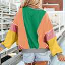 KevaMolly Womens Long Sleeve Tops Dark Green Colorblock Patchwork Exposed Stitching Oversize Top Round Neck Casual Colorblock Pullover L (L)
