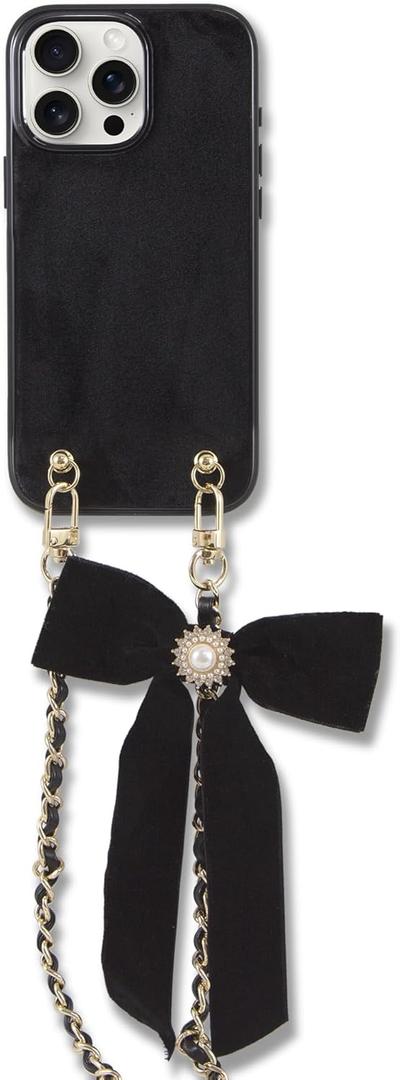 Crossbody Case for iPhone 15 Pro Max with Gold and Vegan Leather Woven Detachable Chain - Black