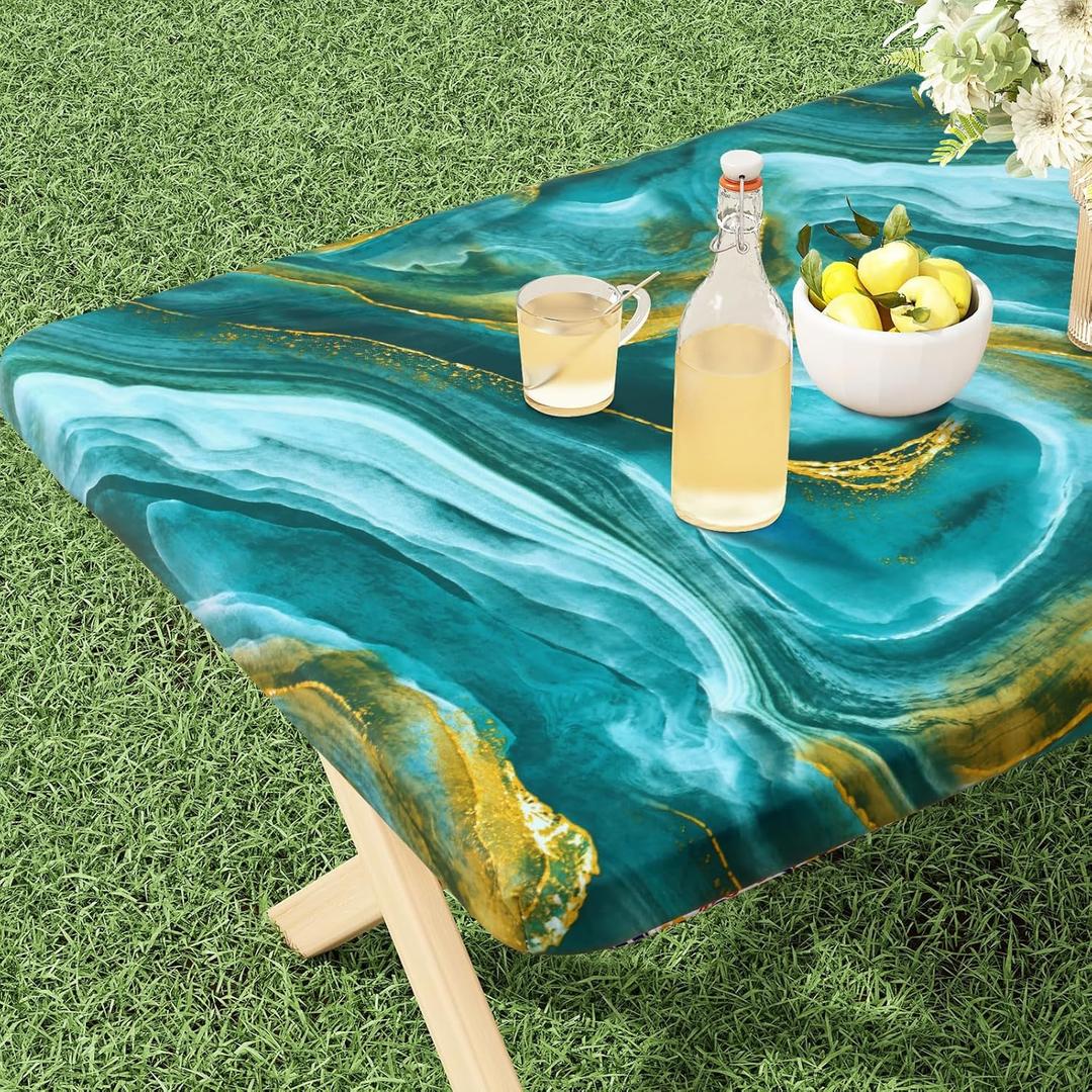 misaya Rectangle Vinyl Tablecloth, Fitted Table Cover, 100% Waterproof, Elastic Edge, Flannel Backing, Table Cloth Fit 6 Foot Folding Tables for Camping, Picnic, Outdoor (Ripples, 30x72 inch)
