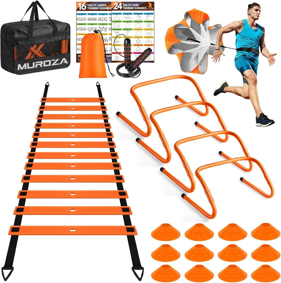 MUROZA Agility Ladder, Agility Speed Training Equipment Set, 20ft Speed Ladder, 12 Soccer Cones, 4 Hurdles, Jump Rope, Running Parachute, Soccer Football Basketball Training Equipment Accessories