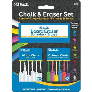 BAZIC Colored (12 Pcs) + White (12 Pcs) Chalk + Premium Chalkboard Eraser Bundle, Non-Toxic Kids Art Office Classroom Store Home, 1-Pack